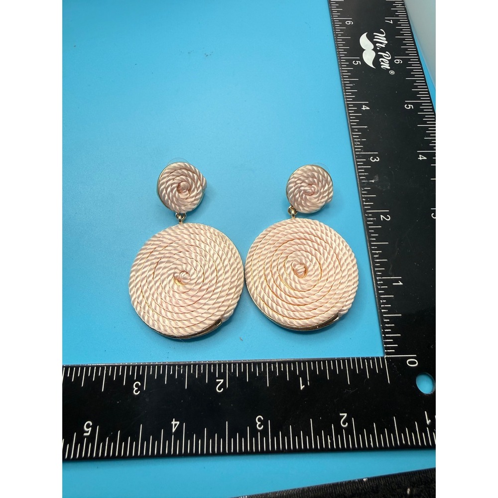 Cream Coiled Rope Statement Drop Earrings Gold Tone Circular Nautical Dangle‎